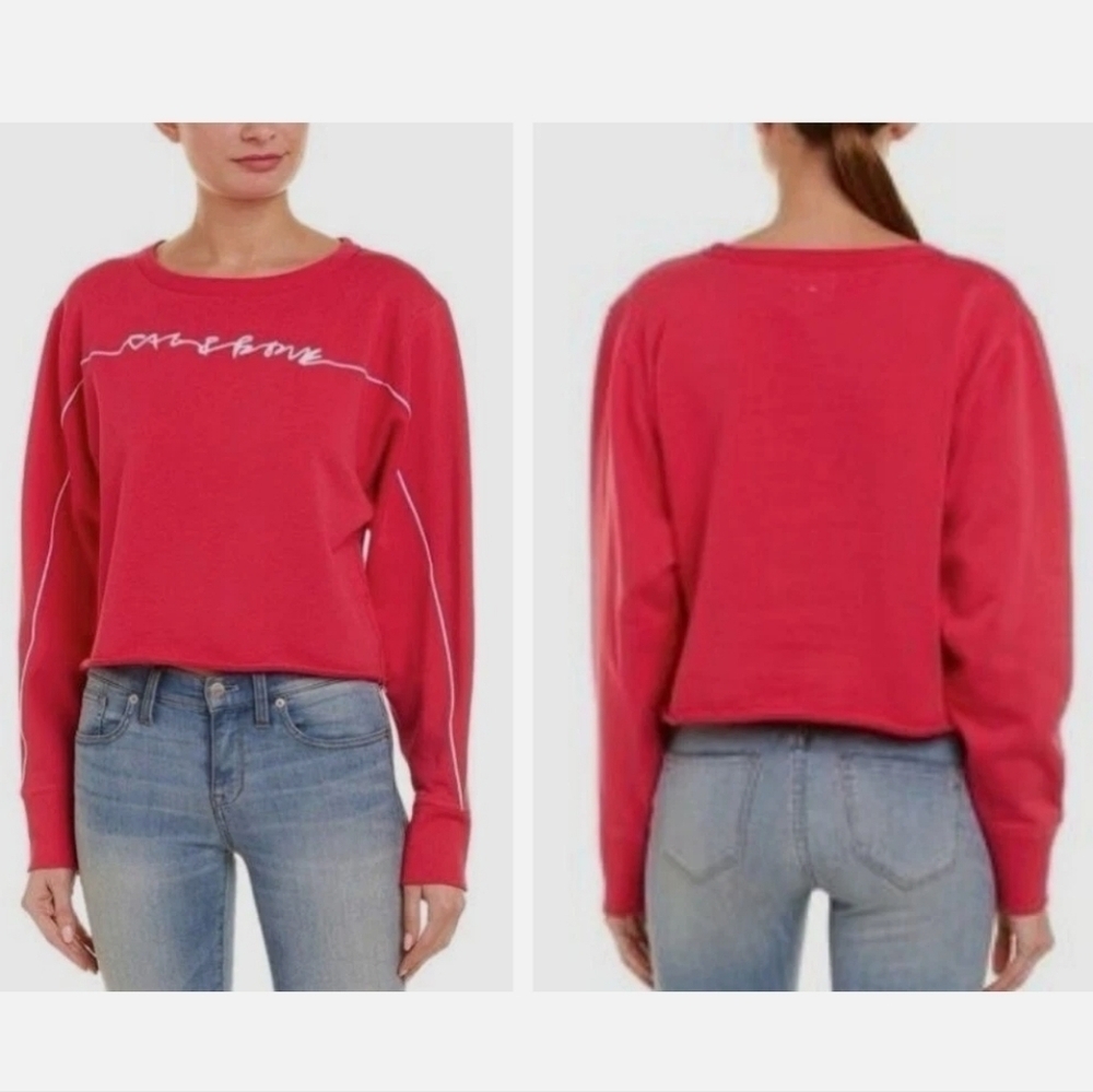 New Rag & Bone Script Logo Cropped Bright Rose Pullover Sweateshirt Large NWT